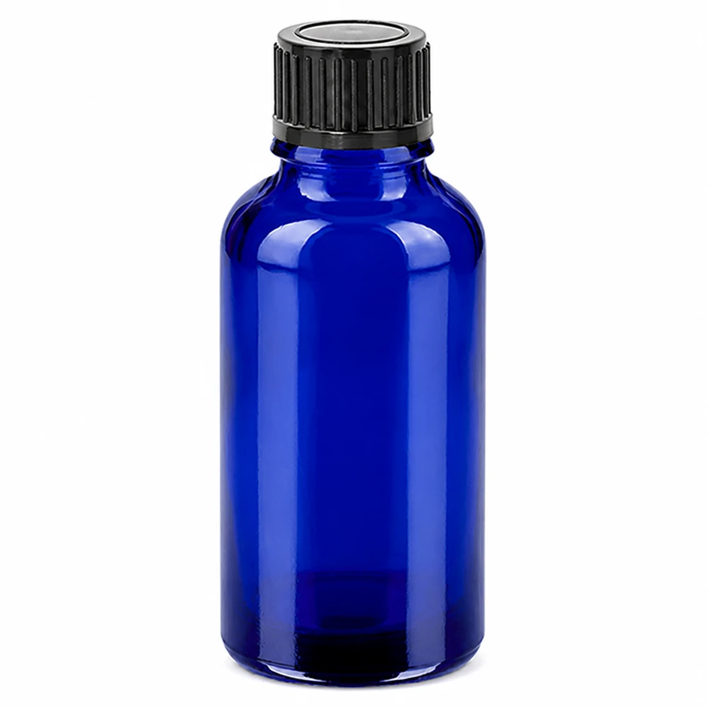 30 ml niebieska szklana butelka z czarną zakrętką na olejki eteryczne i kosmetyki