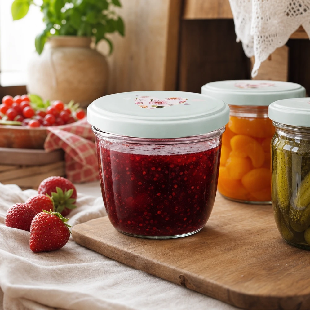 Szklanka z pokrywką 230 ml + pokrywka BasicSeal serce miętowa UN.. Dżem truskawkowy w słoiku 230 ml z pokrywką BasicSeal z miętowym sercem, domowy dżem obok świeżych truskawek