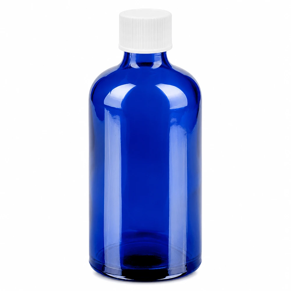 Niebieska szklana butelka 100 ml z białą zakrętką 11 mm na olejki eteryczne i kosmetyki