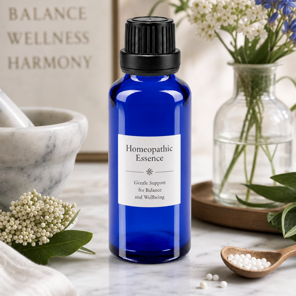 Butelka apteczna niebieska 30ml drip v. Pr. 2mm czarny OV Esencja homeopatyczna w niebieskiej aptekarskiej buteleczce z zakraplaczem o pojemności 30 ml, z wkładką 2 mm, na marmurowym blacie