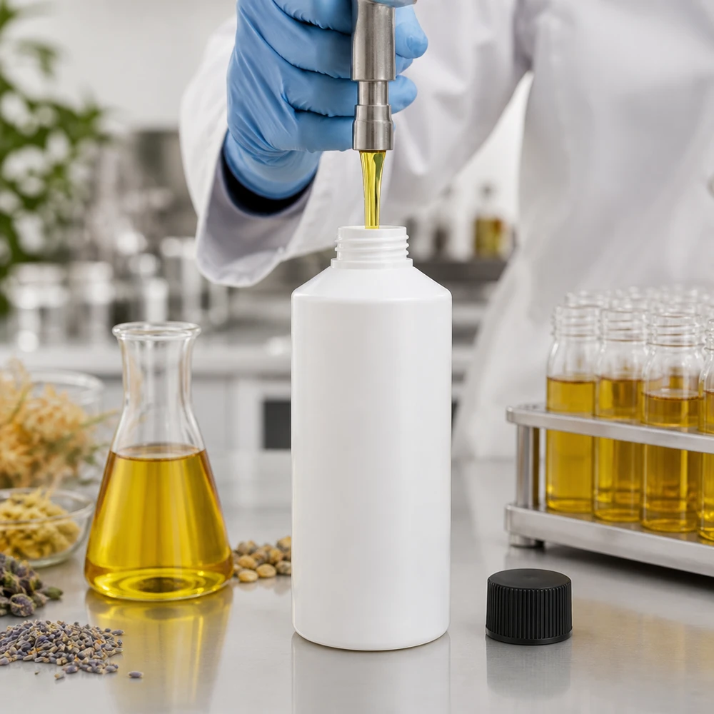 Biała plastikowa butelka o pojemności 100 ml napełniona żółtym olejem, stojąca obok kolby Erlenmeyera w laboratorium