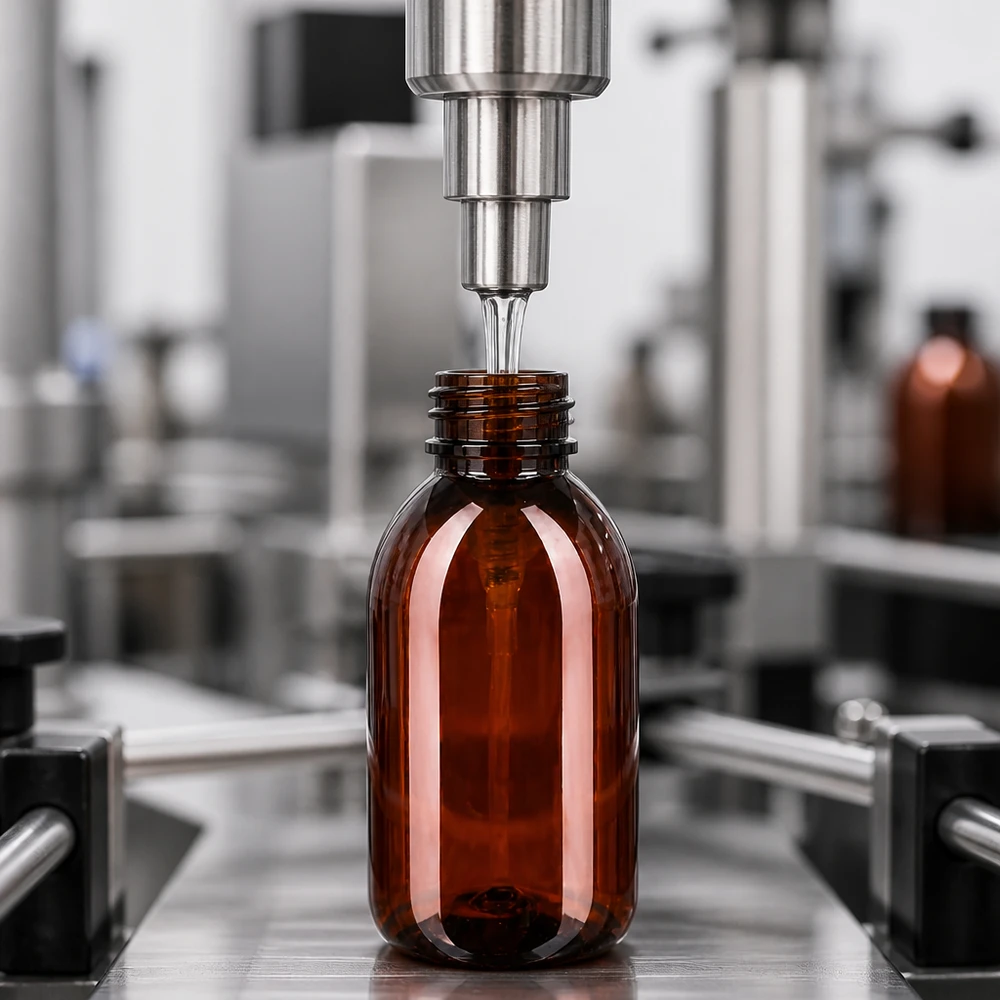 Linia rozlewnicza automatycznie napełnia bursztynowe butelki PET o pojemności 250 ml w ramach produkcji farmaceutycznej