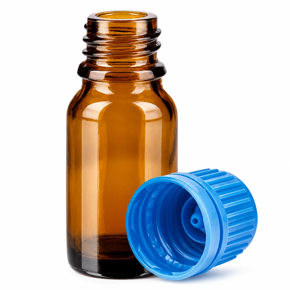 Butelka 10 ml 11 mm SV niebieska OV BrownLine UT18/10 Butelka z bursztynowego szkła o pojemności 10 ml z ochroną UV i niebieską zakrętką do płynów wrażliwych na światło