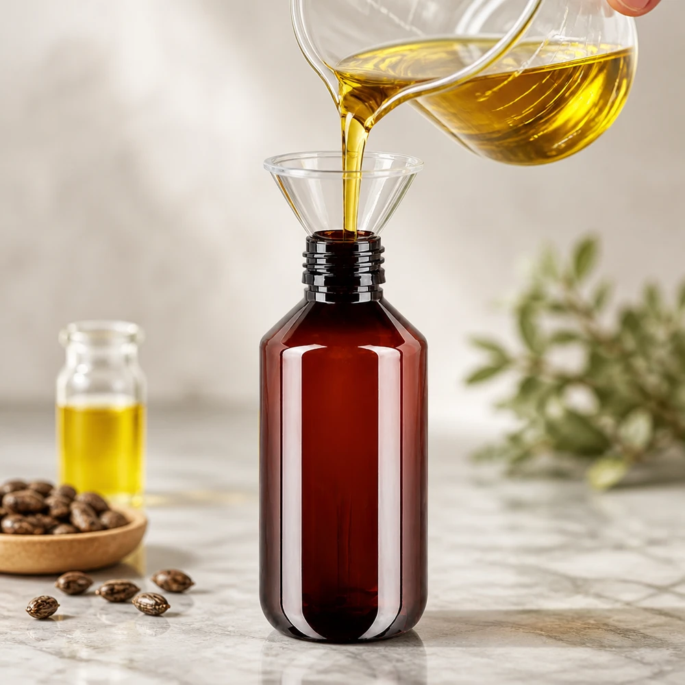 Butelka PET 200ml PP28 bez zakrętki Butelkę PET o pojemności 200 ml w kolorze bursztynowym, typu PP28, napełnia się złotym olejem za pomocą szklanego lejka