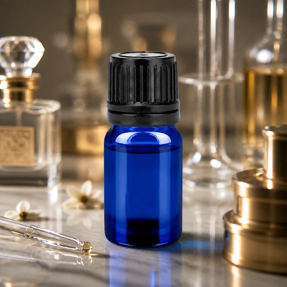 Butelka 5 ml 11 mm SV czarna OV BlueLine UT18/5 Mała butelka 5 ml w eleganckim niebieskim kolorze z czarną nakrętką do precyzyjnego dozowania