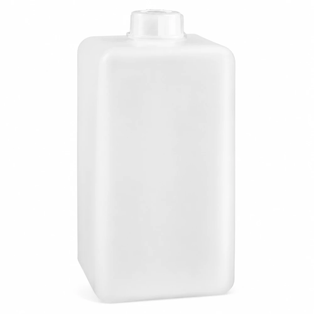 Butelka na chemikalia 1500 ml, wąska szyjka z PE-HD, kolor naturalny Butelka na chemikalia 1500 ml z polietylenu wysokogęstościowego (PE-HD), z wąską szyjką, w kolorze naturalnym, prostokątna, przeznaczona do bezpiecznego przechowywania chemikaliów