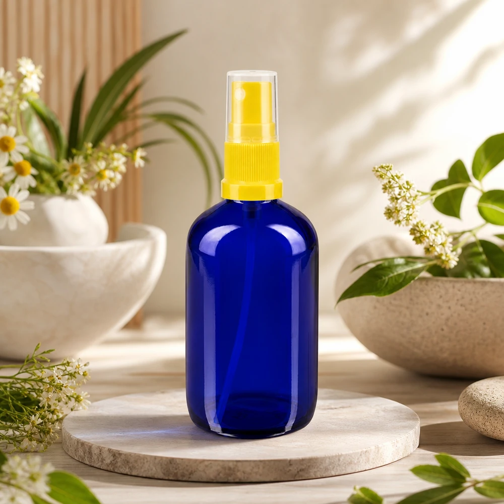 Butelka apteczna niebieska 100ml nasadka rozpylająca żółta Niebieska szklana butelka o pojemności 100 ml z żółtą głowicą rozpylającą; ochrona przed promieniowaniem UV dzięki szkłu kobaltowemu; przeznaczona do olejków eterycznych