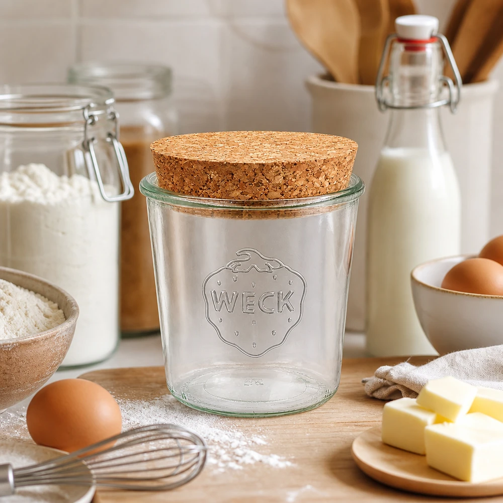Kubki termiczne 580ml WECK RR100 z korkiem naturalne Słoik WECK 580ml RR100 z naturalnym korkiem w kuchni do pieczenia, ułożony między mąką, jajkami, masłem i mlekiem do pieczenia
