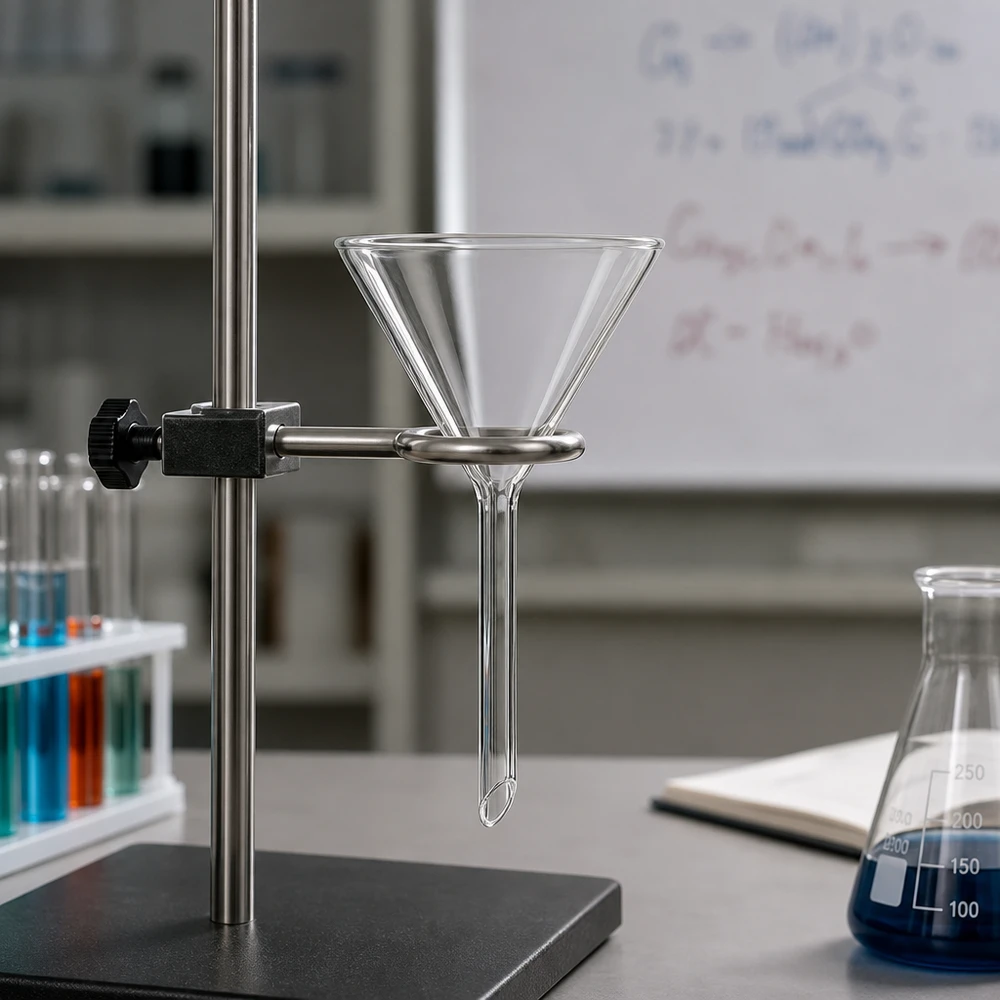 Lejek Ø 60 mm do wapna sodowanego, kąt 60°, krótki Przezroczysty lejek laboratoryjny wykonany z wytrzymałego materiału sodowo-wapniowego z otworem 60 mm do eksperymentów chemicznych