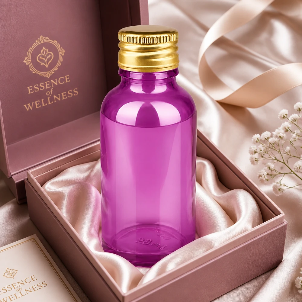 30 ml szklana butelka premium w kolorze fioletowym z gwintem UT18 i złotym aluminiowym korkiem do produktów wellness