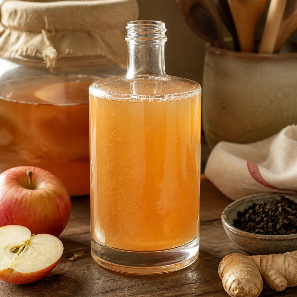 500ml Glasflasche Sam mit hausgemachtem Kombucha befüllt neben Äpfeln und Ingwer rustikale Küchen Atmosphäre