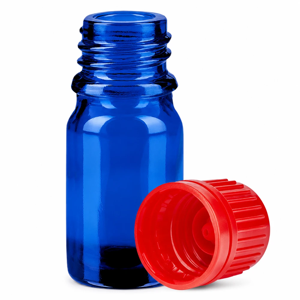 Butelka 5 ml 11 mm SV czerwona OV BlueLine UT18/5 Niebieska szklana butelka 5 ml z czerwoną nakrętką 11 mm na olejki eteryczne BlueLine UT18/5