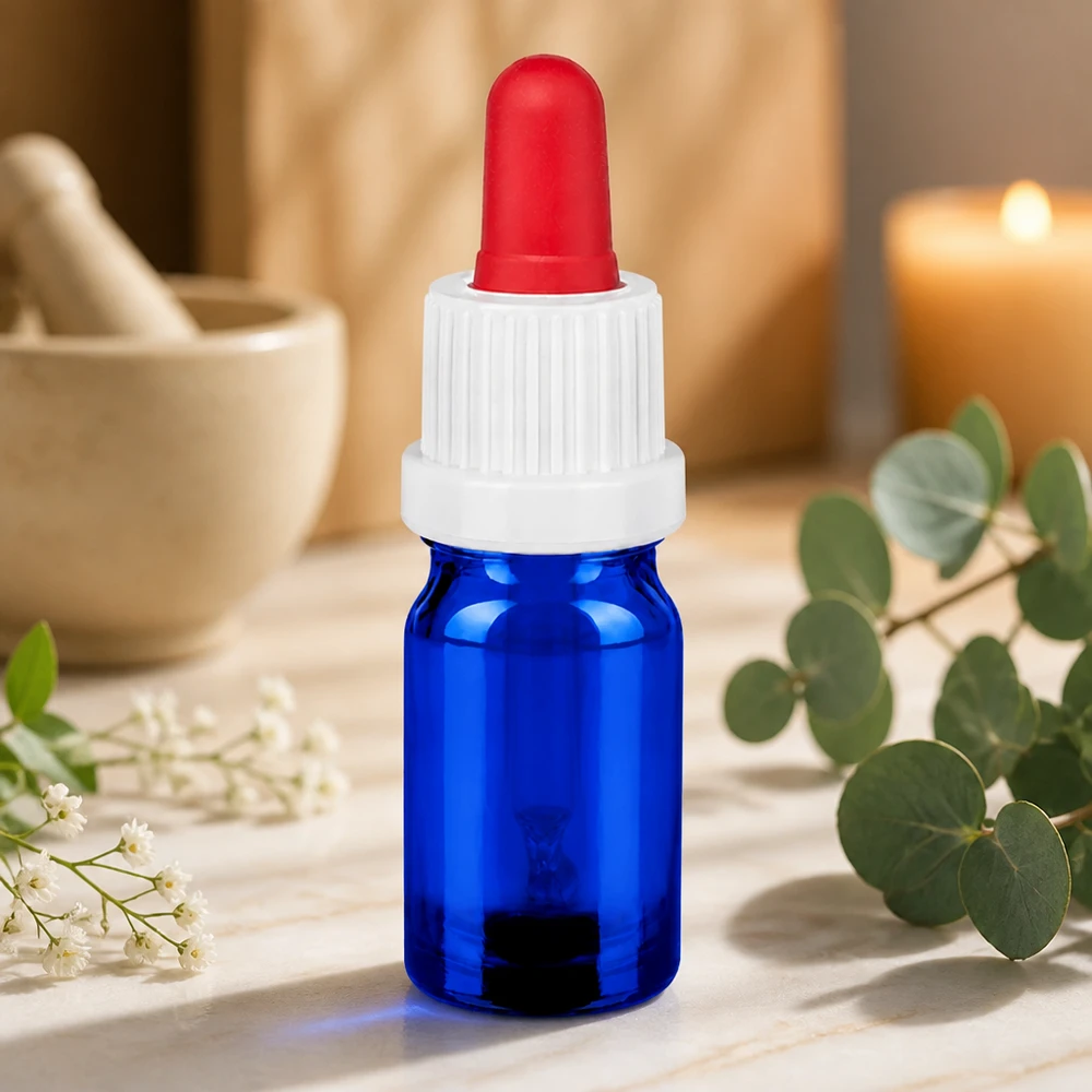 Butelka do leków płynnych 5 ml pipetowa biała/czerwona OV BlueLine UT18/5 Wysokiej jakości szklana butelka o pojemności 5 ml w kolorze niebieskim z pipetą z zakraplaczem do precyzyjnej aplikacji serum i olejków.