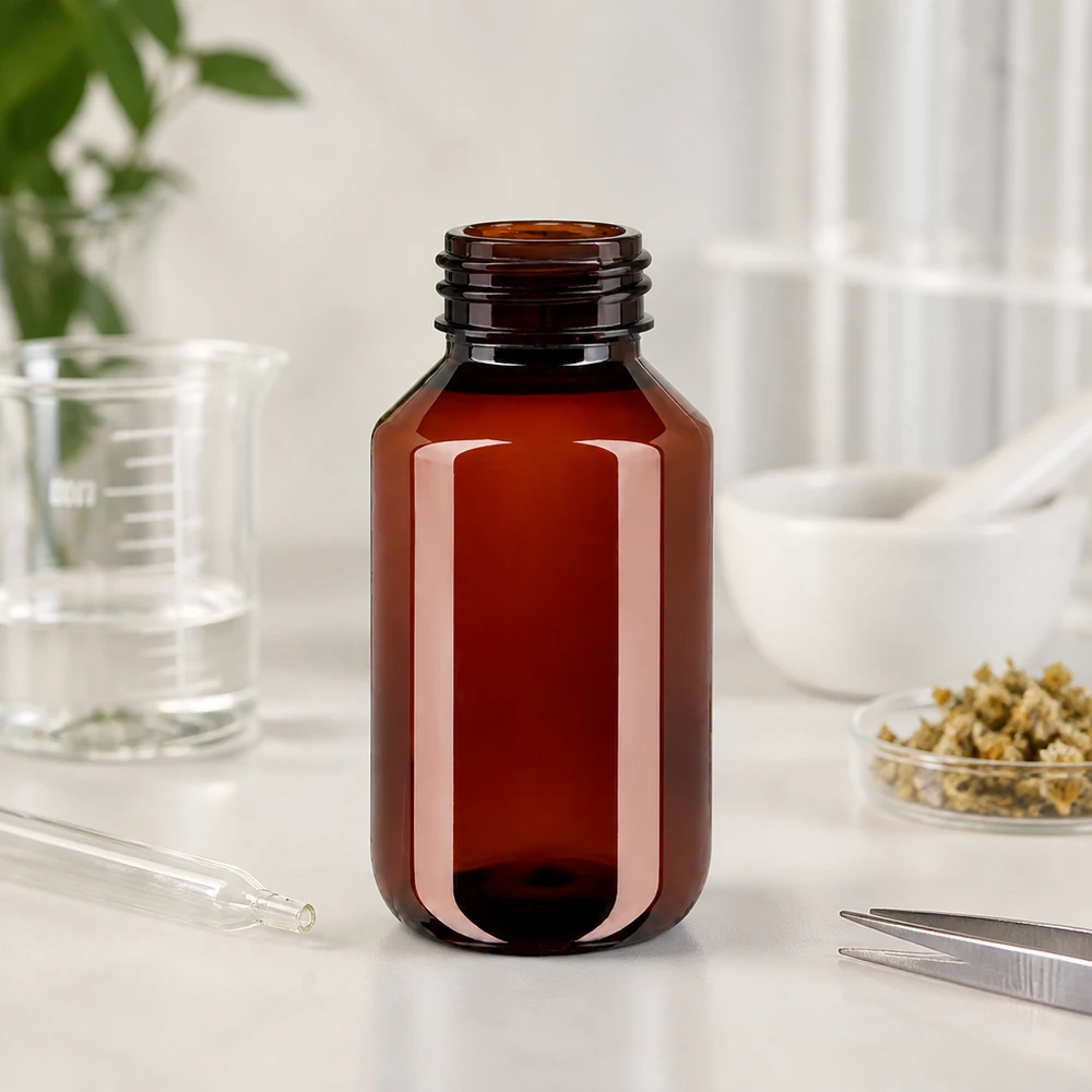 Butelka PET 100ml z czerwoną nakrętką OV Pusta butelka PET o pojemności 100 ml w kolorze bursztynowym, bez nakrętki, obok przyborów laboratoryjnych
