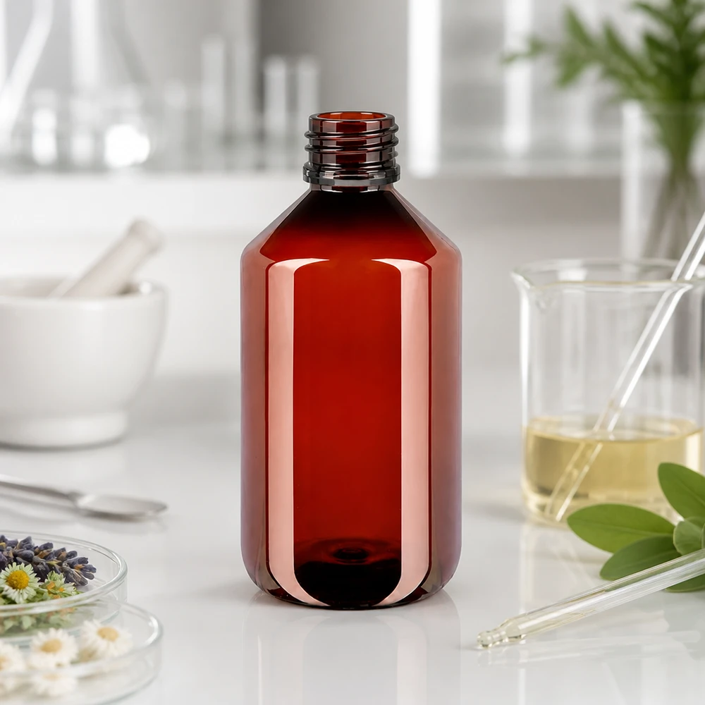 Butelka PET 500ml z czarną nakrętką OV Braune Kunststoffflasche 500ml mit Gewindehals neben Mörser und Glaslaborzubehör