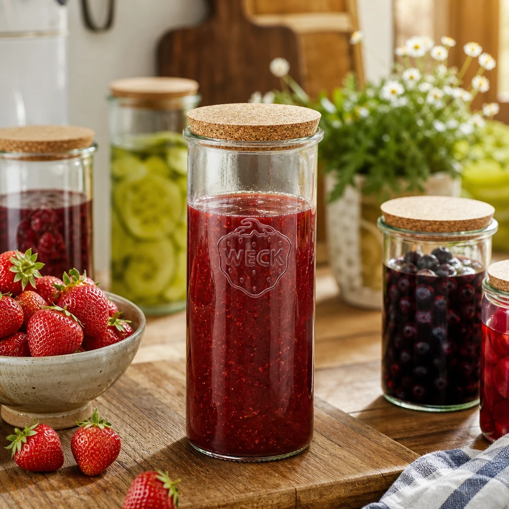 Słoik do przechowywania WECK 1500ml wypełniony dżemem truskawkowym Kuchenna atmosfera Pokrywka z naturalnego korka Słoik do przechowywania Zastosowanie