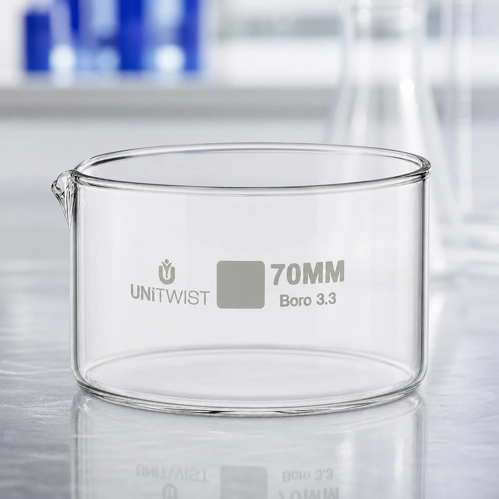 Pusta miska krystalizacyjna 70 mm UNiTWIST, przezroczyste szkło borokrzemowe 3.3 z dziobkiem wylewowym, do zastosowań laboratoryjnych
