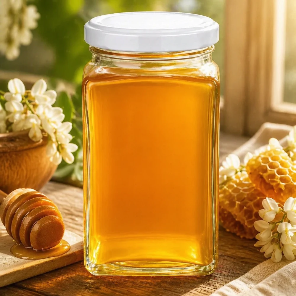 260 ml słoik tetra z białą pokrywką wypełniony złocistożółtym miodem obok plastra miodu i drewnianej łyżki z naturalną dekoracją