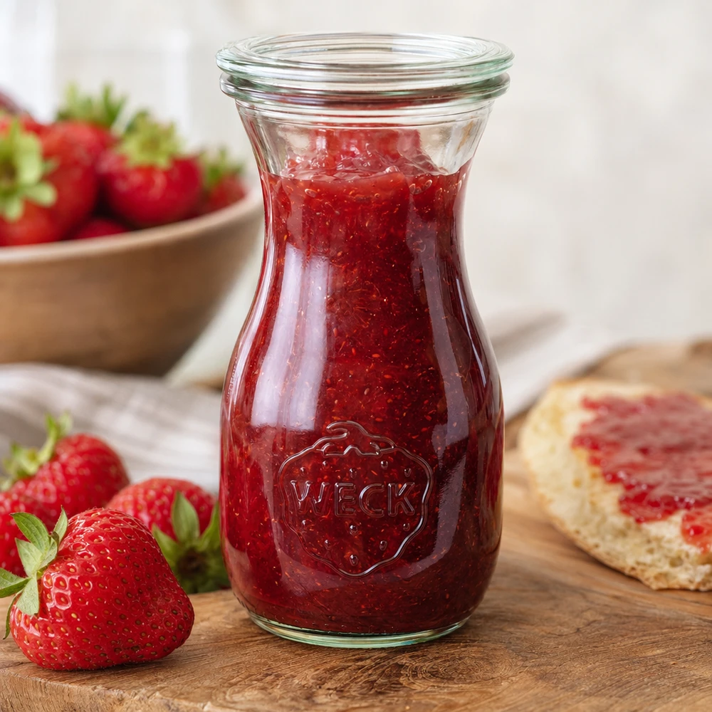 Butelka na sok o pojemności 290 ml z szklaną pokrywką WECK RR60 Butelka soku WECK 290ml RR60 wypełniona dżemem z czerwonych truskawek obok świeżych truskawek i chleba na drewnianej desce
