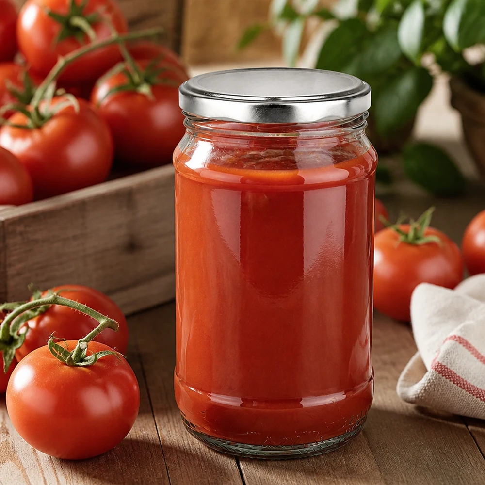 Słoik o pojemności 370 ml ze srebrną pokrywką typu twist-off, wypełniony domowym sosem pomidorowym