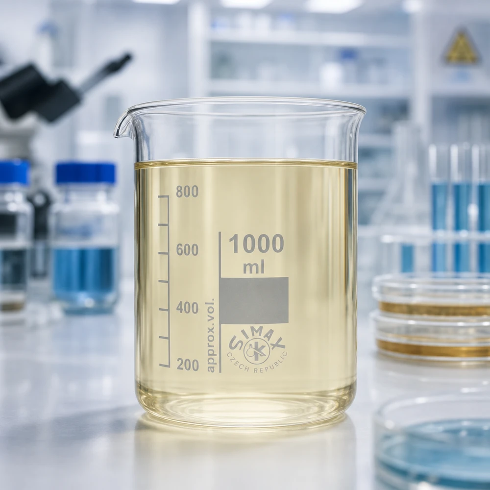 Zlewka 1000 ml ze szkła borokrzemowego, niski kształt Zlewka 1000 ml z przezroczystego szkła borokrzemowego z dziobkiem ułatwiającym dekantację w laboratorium