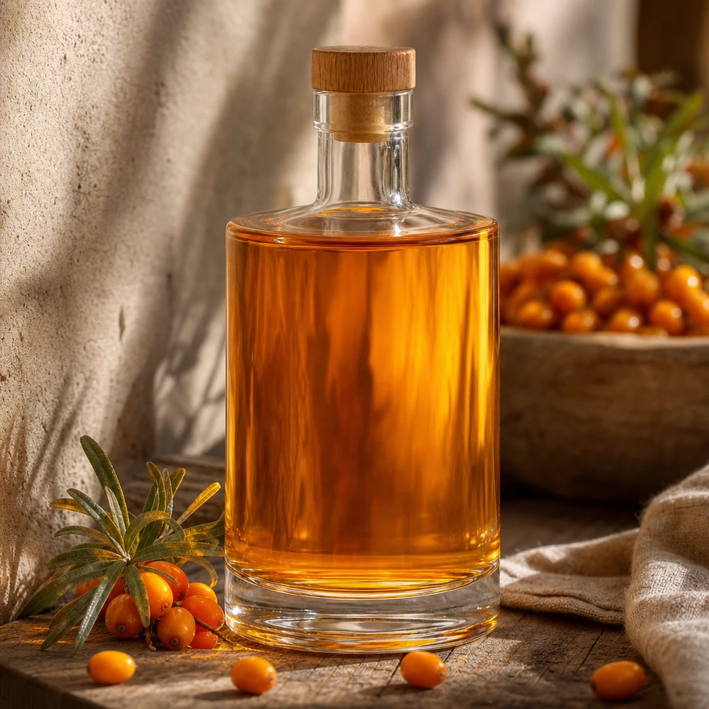 700 ml szklana butelka Marie z bursztynową zawartością obok rokitnika i rustykalnej dekoracji w ciepłym świetle