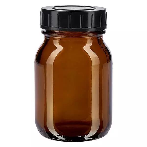 Bursztynowa butelka z szeroką szyjką o pojemności 75 ml z zakrętką Butelka z szeroką szyjką o pojemności 75 ml wykonana z bursztynowego szkła z czarną zakrętką zapewniającą bezpieczną ochronę zawartości.