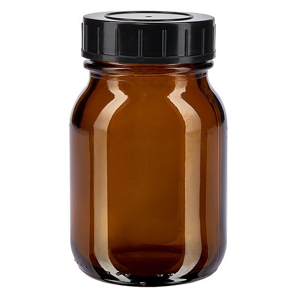 Bursztynowa butelka z szeroką szyjką o pojemności 75 ml z zakrętką Butelka z szeroką szyjką o pojemności 75 ml wykonana z bursztynowego szkła z czarną zakrętką zapewniającą bezpieczną ochronę zawartości.
