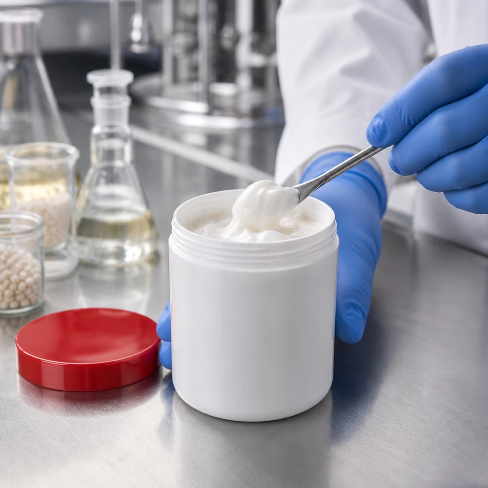 Farmaceutyczny słoik na maści 500 g, biały z czerwoną zakrętką z PP, do kremów i maści w użyciu
