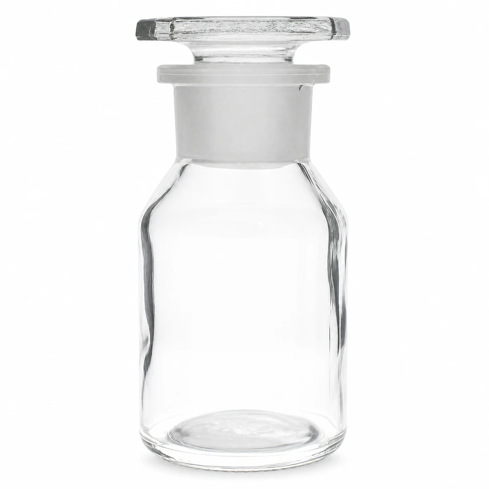 Butelka z przezroczystą szeroką szyjką i szklanym korkiem o pojemności 50 ml Butelka z szeroką szyjką i wypukłą klatką piersiową, 50 ml, przezroczysta, z szlifowanym korkiem szklanym, przeznaczona do chemikaliów laboratoryjnych