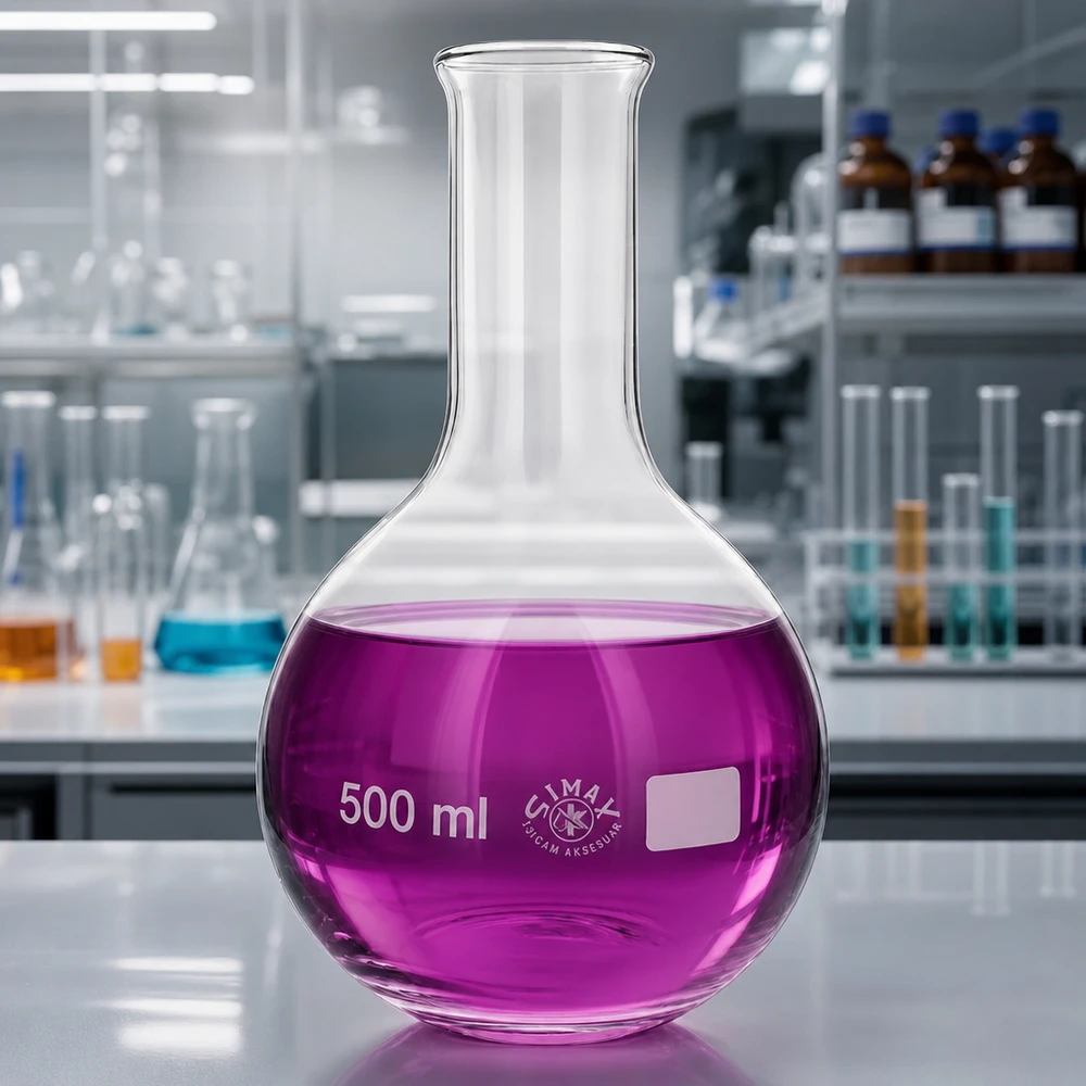 Kolba stojąca 500 ml z wąską szyjką z fioletową cieczą w nowoczesnym środowisku laboratoryjnym