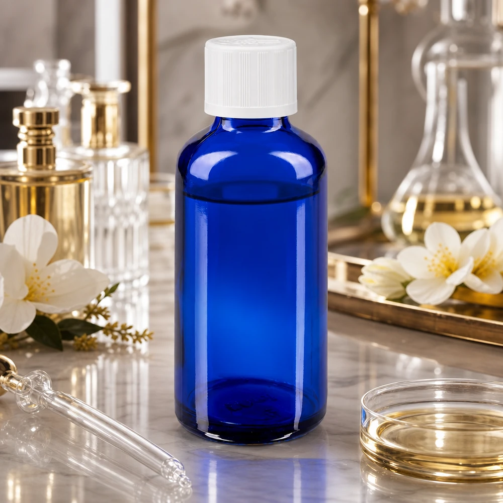 Butelka apteczna niebieska 50ml z kroplomierzem biała KiSi St Niebieska szklana butelka o pojemności 50 ml z białym zakraplaczem, stojąca na marmurze obok kolby laboratoryjnej i kwiatów jaśminu