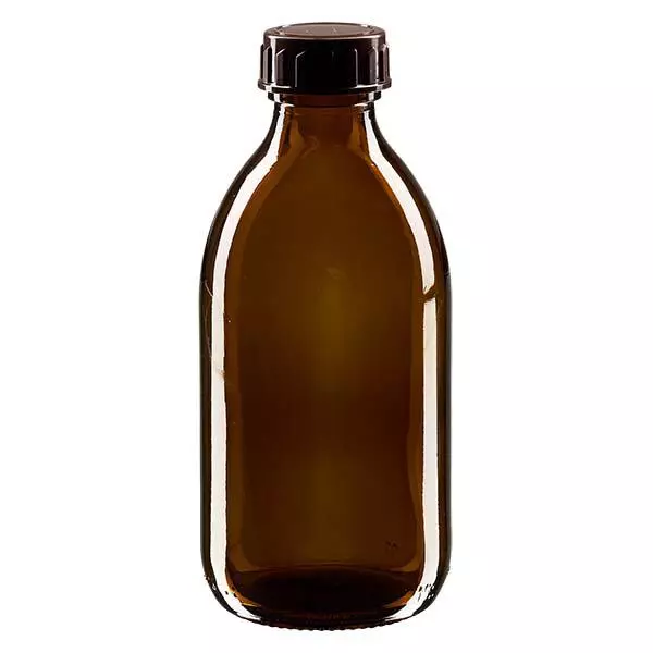Butelka na lek 250 ml brązowa, z zakrętką brązową ApoGlas. Farmaceutyczna jakość produkcji UE. Gwint 28 mm (PP28). (syrop, butelka z lekkiego szkła) Butelka na lek 250 ml brązowa, z zakrętką brązową ApoGlas. Farmaceutyczna jakość produkcji UE. Gwint 28 mm (PP28). (syrop, butelka z lekkiego szkła)
