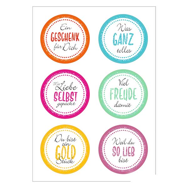 Naklejki &quot;Rado&#347;&#263;&quot; (12 naklejek z brokatem) &#248;34 mm | 2 arkusze = 12 naklejek papierowych.