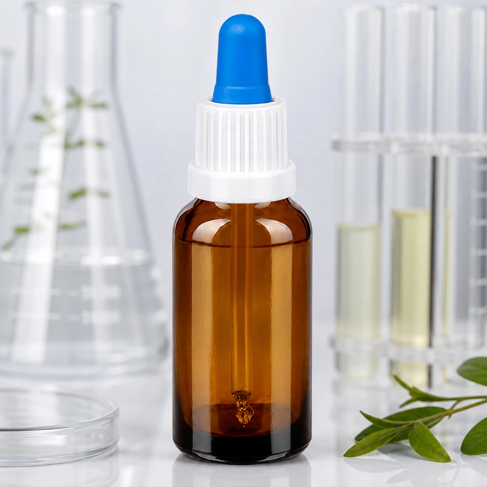 Butelka z pipetą 20 ml biała/niebieska OV BrownLine UT18/20 Kompaktowa butelka na pipetę o pojemności 20 ml wykonana z bursztynowego szkła chroniącego przed promieniowaniem UV, zapewniająca optymalną ochronę produktu.