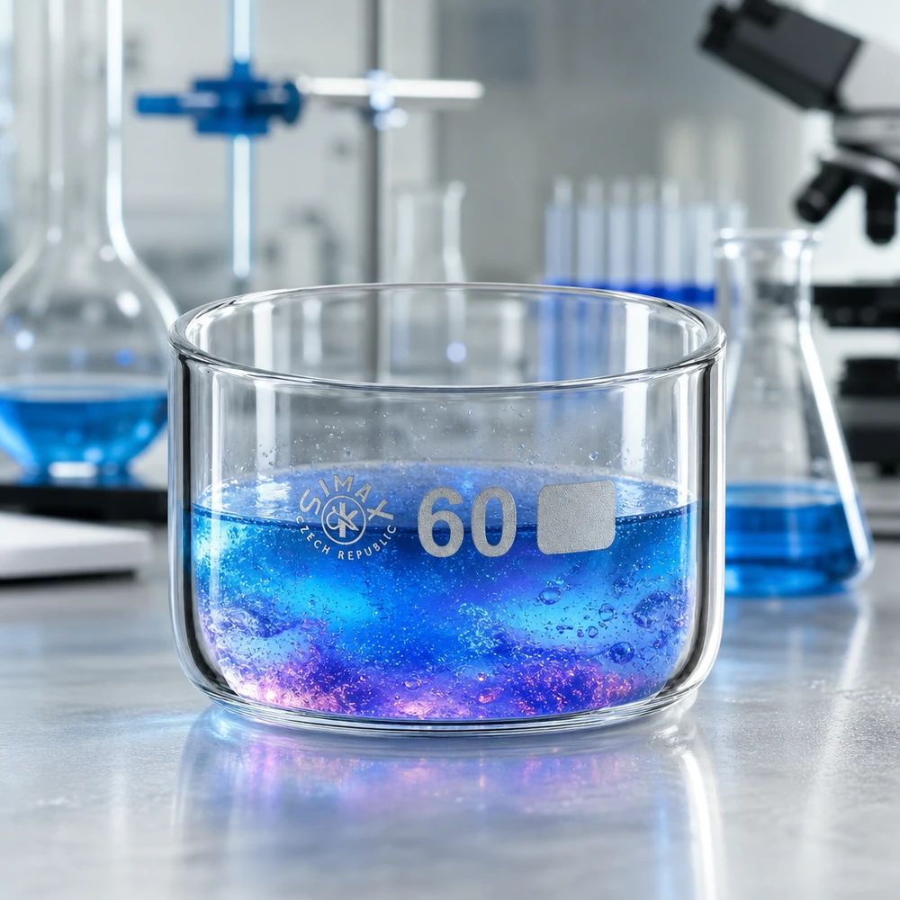Naczynie do krystalizacji 60 ml bez dziobka Borokrzemianowe Miska krystalizacyjna o średnicy 60 mm i pojemności 60 ml z fioletowo-niebieskim roztworem reakcyjnym na stole laboratoryjnym
