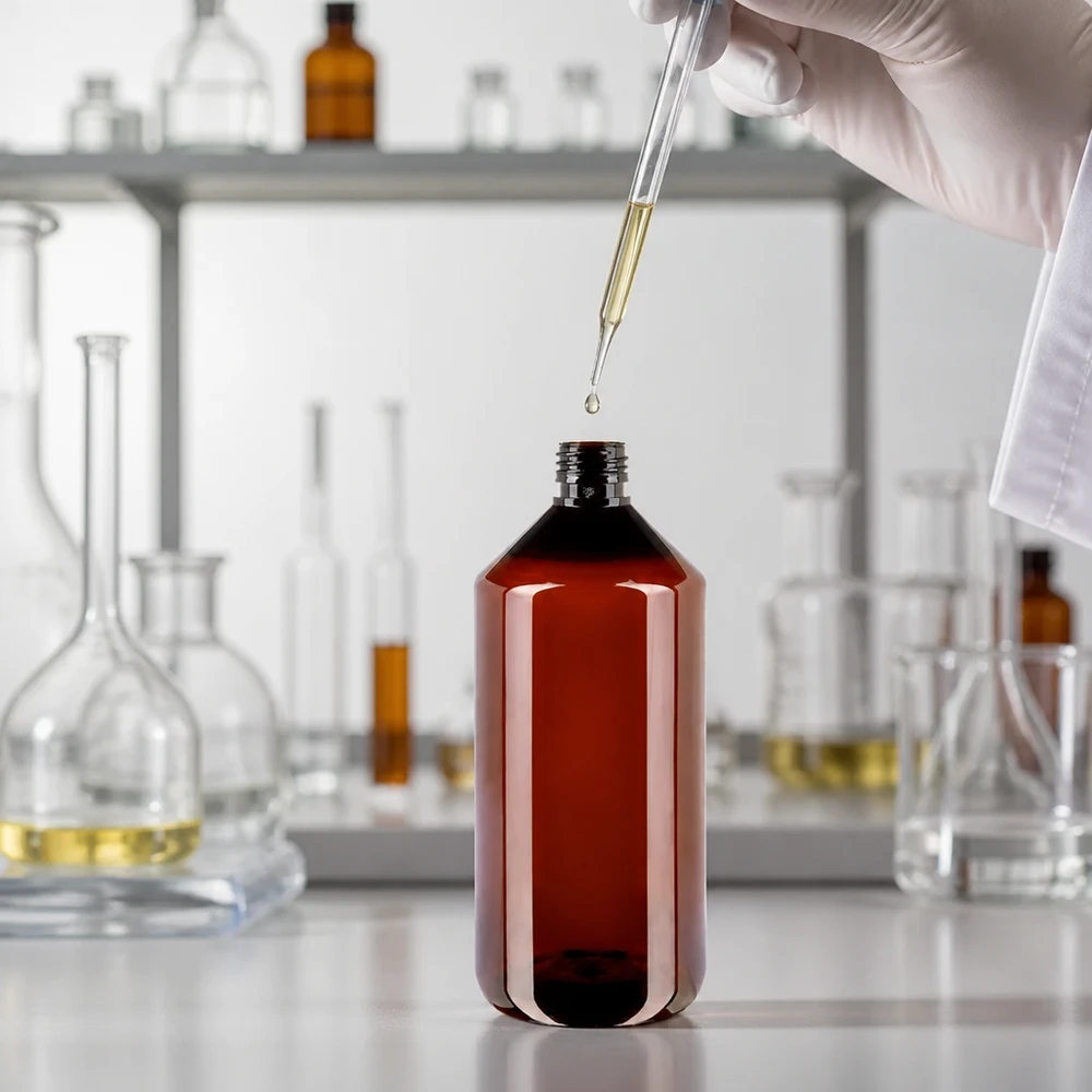 Butelka z ochroną przed światłem, PET, 1000 ml, bursztynowa, gwint PP28, do zastosowań laboratoryjnych, z pipetą i naczyniami szklanymi