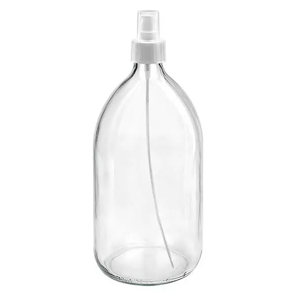 Butelka na lek 1000 ml, przezroczysta, z białym rozpylaczem z pompką ApoGlas. Farmaceutyczna jakość produkcji UE. Gwint 28 mm (PP28). (syrop, butelka z lekkiego szkła) Butelka na lek 1000 ml, przezroczysta, z białym rozpylaczem z pompką ApoGlas. Farmaceutyczna jakość produkcji UE. Gwint 28 mm (PP28). (syrop, butelka z lekkiego szkła)