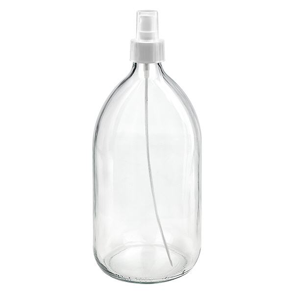 Butelka na lek 1000 ml, przezroczysta, z białym rozpylaczem z pompką ApoGlas. Farmaceutyczna jakość produkcji UE. Gwint 28 mm (PP28). (syrop, butelka z lekkiego szkła) Butelka na lek 1000 ml, przezroczysta, z białym rozpylaczem z pompką ApoGlas. Farmaceutyczna jakość produkcji UE. Gwint 28 mm (PP28). (syrop, butelka z lekkiego szkła)