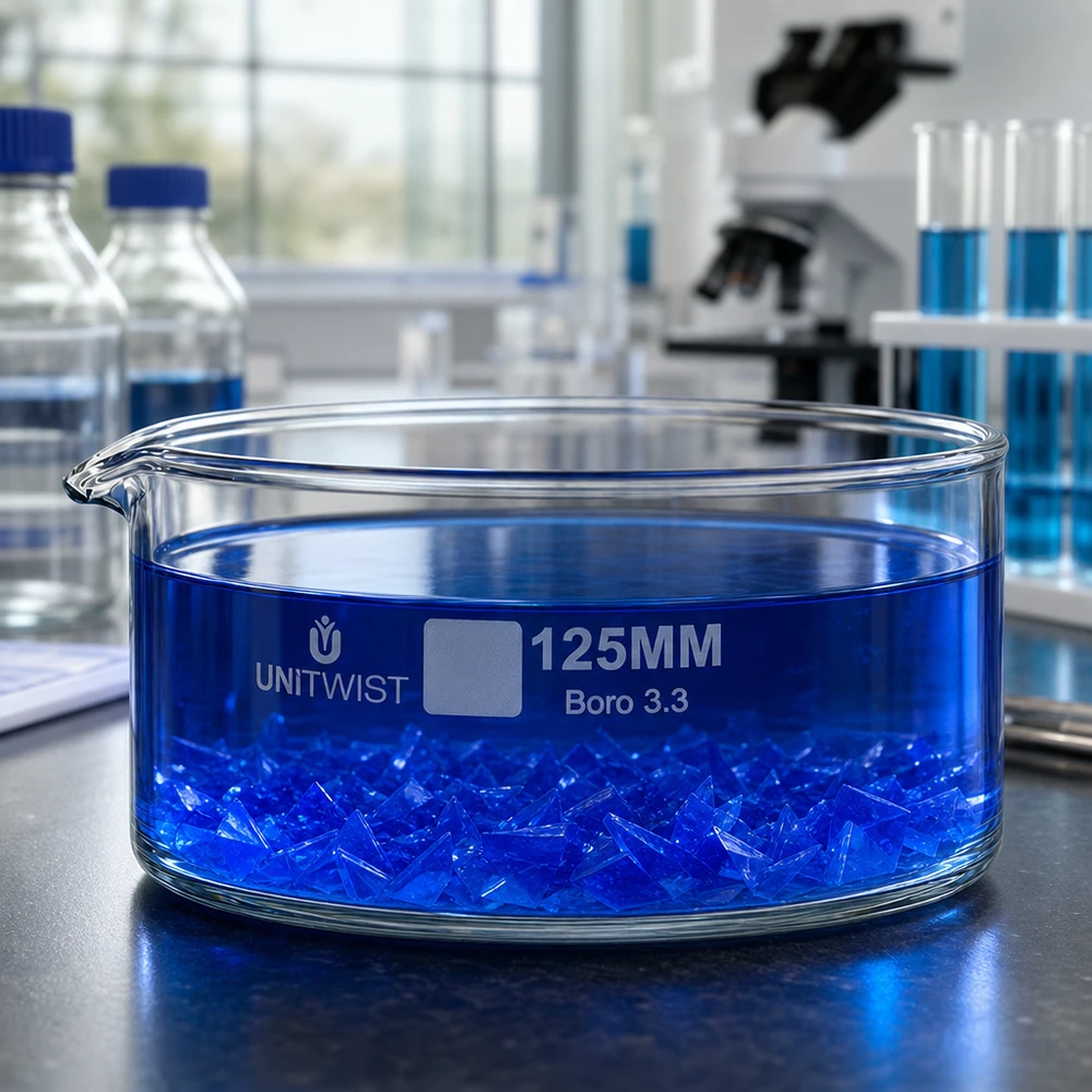 Miska do krystalizacji 125 mm UNiTWIST Boro 3.3 z niebieskimi kryształkami w niebieskim roztworze – widok laboratoryjny