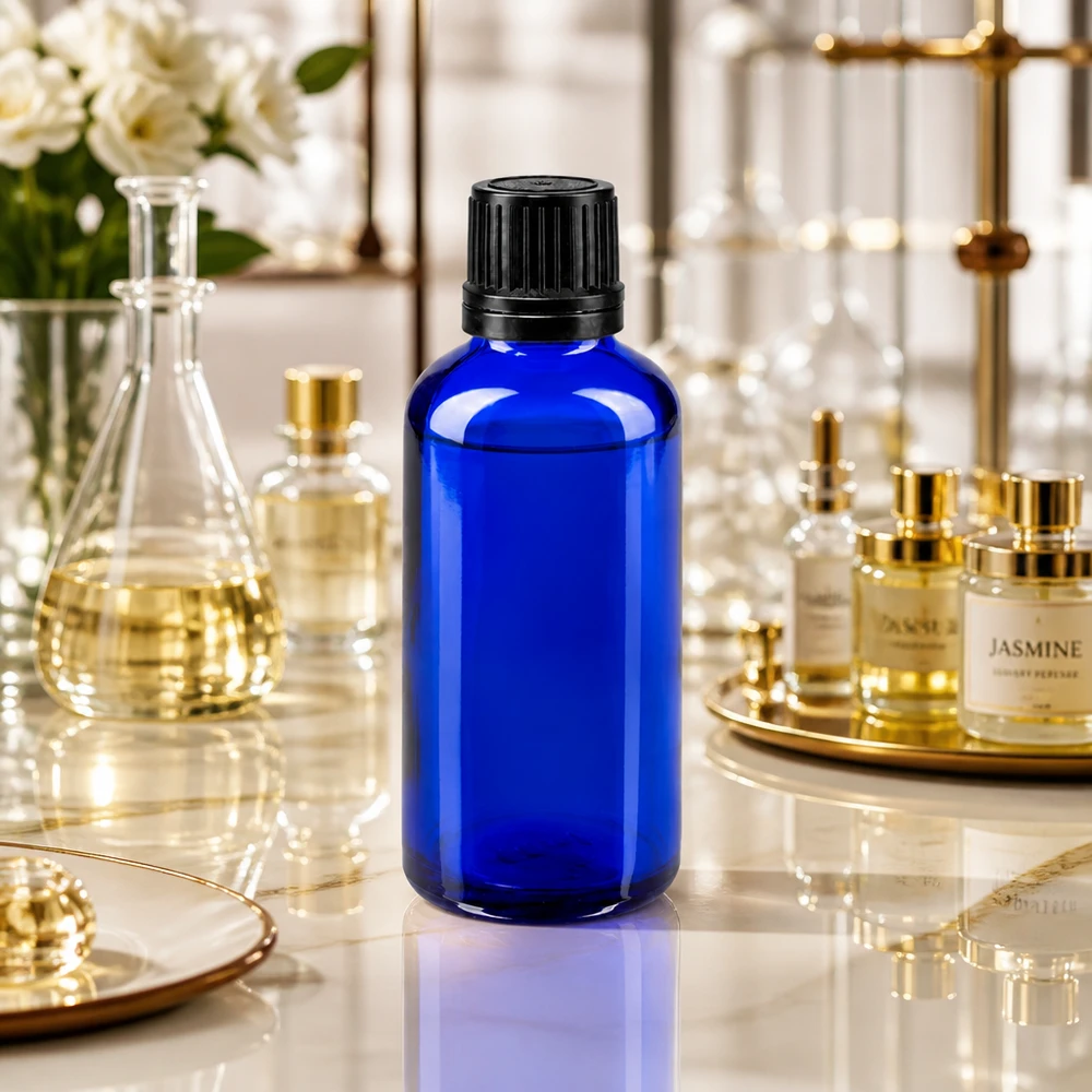 Butelka apteczna niebieska 50ml zakrętka czarny nalewak r. OV Niebieska buteleczka apteczna o pojemności 50 ml z czarnym zamknięciem OV, zawierająca perfumy o zapachu jaśminu, w otoczeniu przypominającym laboratorium