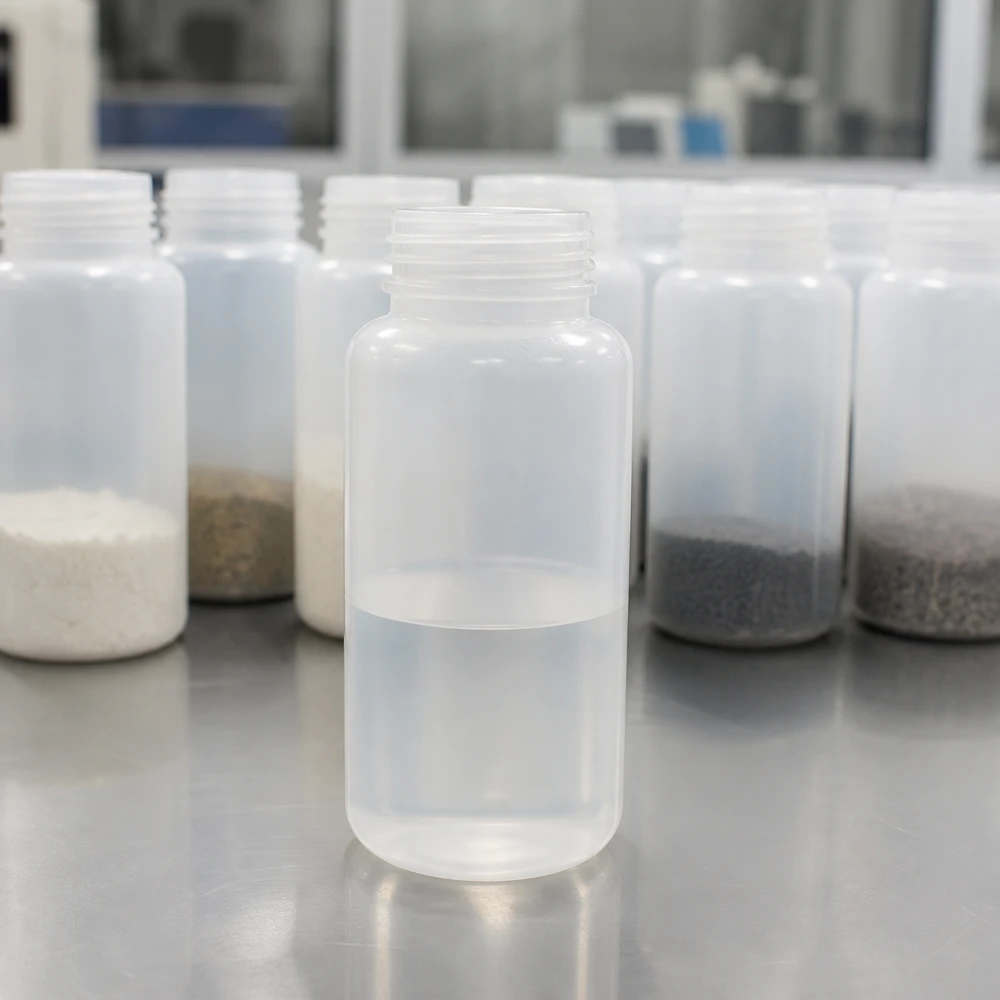 Butelka laboratoryjna 1000 ml z szeroką szyjką bez zakrętki Pusta butelka laboratoryjna o szerokiej szyjce o pojemności 1000 ml, wykonana z LDPE, bez zamknięcia, przeznaczona do przechowywania próbek proszkowych