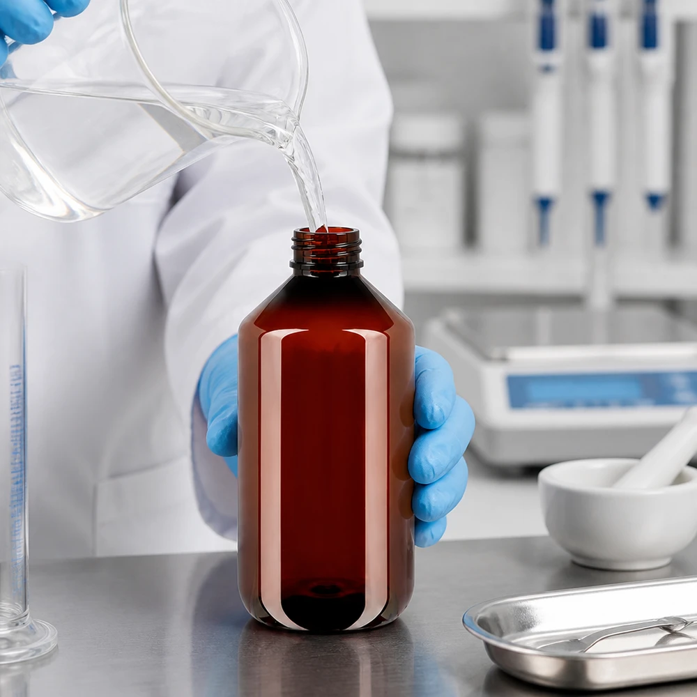 Butelka apteczna o pojemności 500 ml, wykonana z bursztynowego PET-u, z białym, żłobkowanym zakrętkiem, jest napełniana w laboratorium