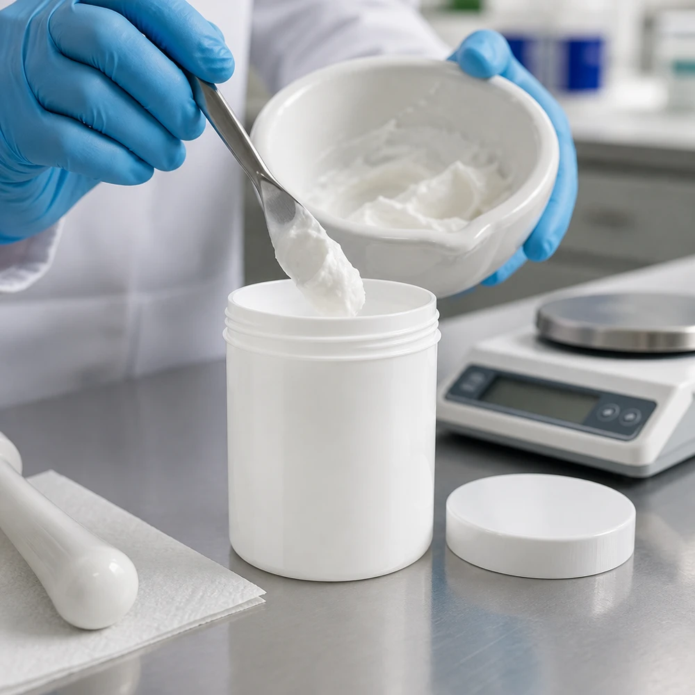 Biały słoiczek z PP o pojemności 20 g, napełniony kremem farmaceutycznym, na stole ze stali nierdzewnej