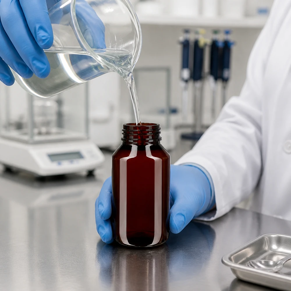 Butelka PET 50 ml z czerwoną nakrętką OV Laborant napełnia brązową butelkę PET o pojemności 50 ml przezroczystym płynem z zlewki