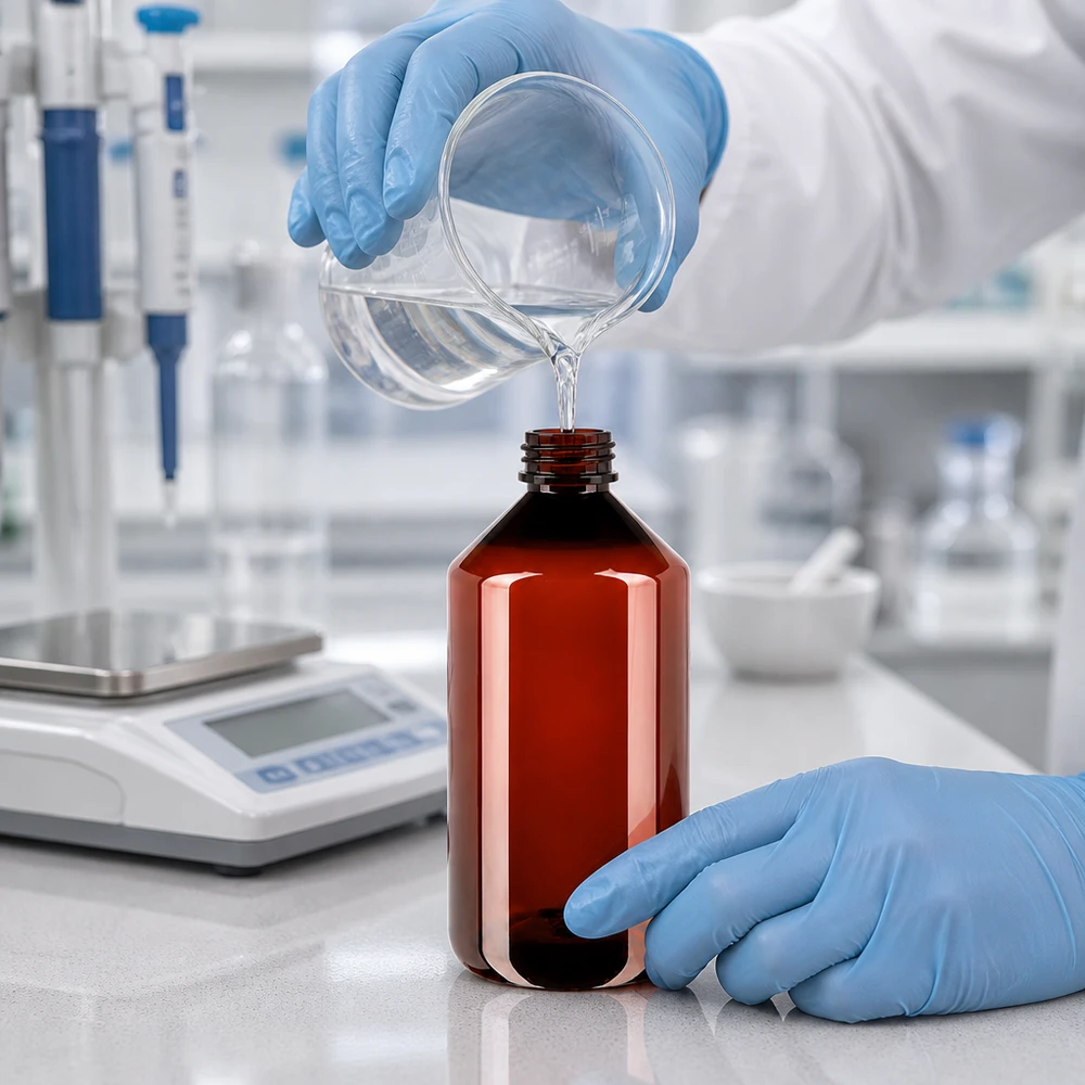 Butelka PET 750 ml z zieloną nakrętką OV Laborant w niebieskich rękawiczkach napełnia brązową butelkę PET o pojemności 750 ml przezroczystym płynem