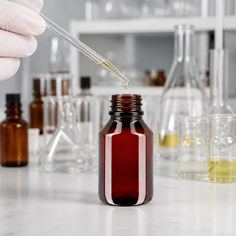 Butelka PET 50 ml z białą/czerwoną nakrętką OV Brązowa butelka PET o pojemności 50 ml z białym zamknięciem i czerwonym pierścieniem zabezpieczającym w środowisku laboratoryjnym