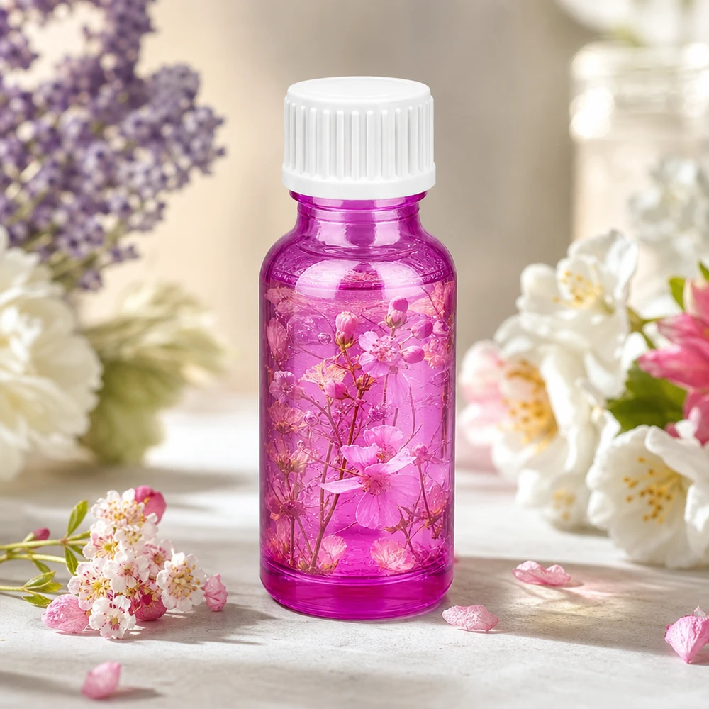 Butelka 20ml (kuleczka) 3mm pierścień nalewowy biały standardowy PurpleLine.UT18/20 Wysokiej jakości szklana butelka o pojemności 20 ml w jaskrawym fioletowym kolorze z rowkowaną zakrętką do bezpiecznego przechowywania.