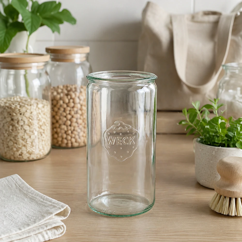 Słoik cylindryczny WECK 1590ml RR100 przezroczysty w zrównoważonej kuchni bezodpadowej ze słoikami do przechowywania i naturalnymi materiałami