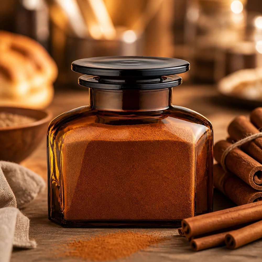 Cynamon w proszku w brązowej, kwadratowej butelce aptekarskiej o pojemności 150 ml z szeroką szyjką, obok lasek cynamonu na drewnie